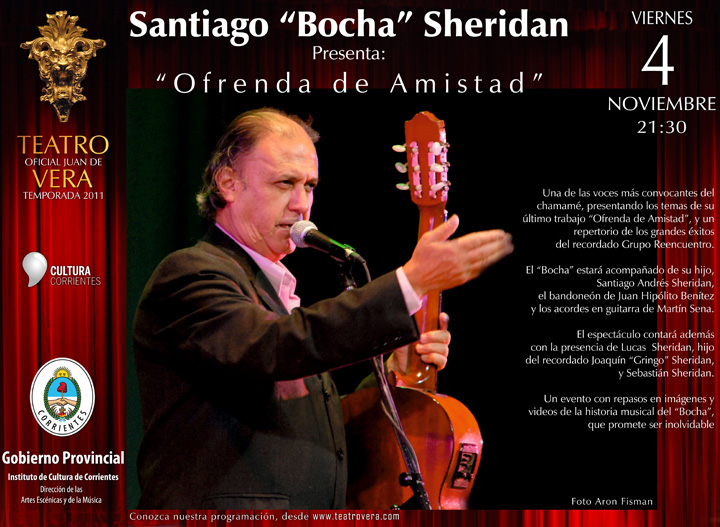 Un recital chamamecero con temas inolvidables del cancionero del inolvidable Grupo Reencuentro, para esta presentación del disco solista del “Bocha” Sheridan